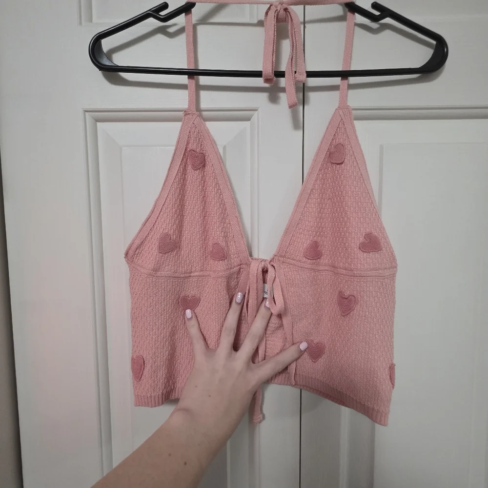 Social Tourist Pink Heart Halter Top Knit Size Small - Picture 2 of 9
